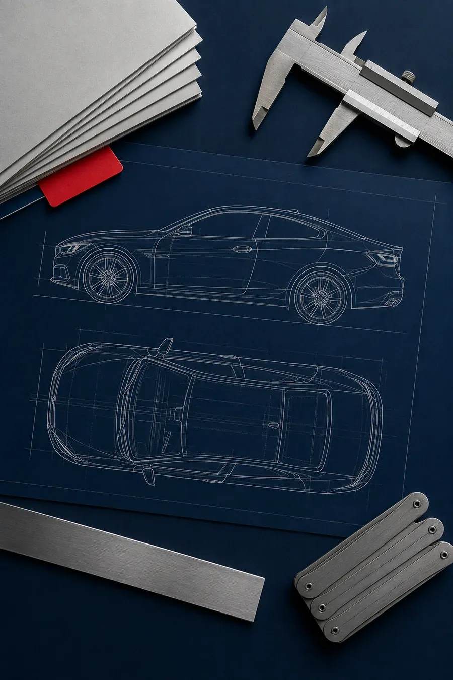 Planche bleue portant une voiture dessinée au trait de profil et de dessus, avec un pied à coulisse et une règle d’acier posés autour
